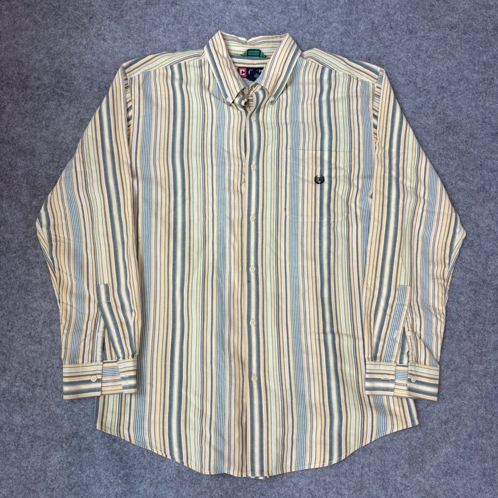 Chaps Mens Large Yellow Green Striped Cotton Button Down Long Sleeve Shirt L